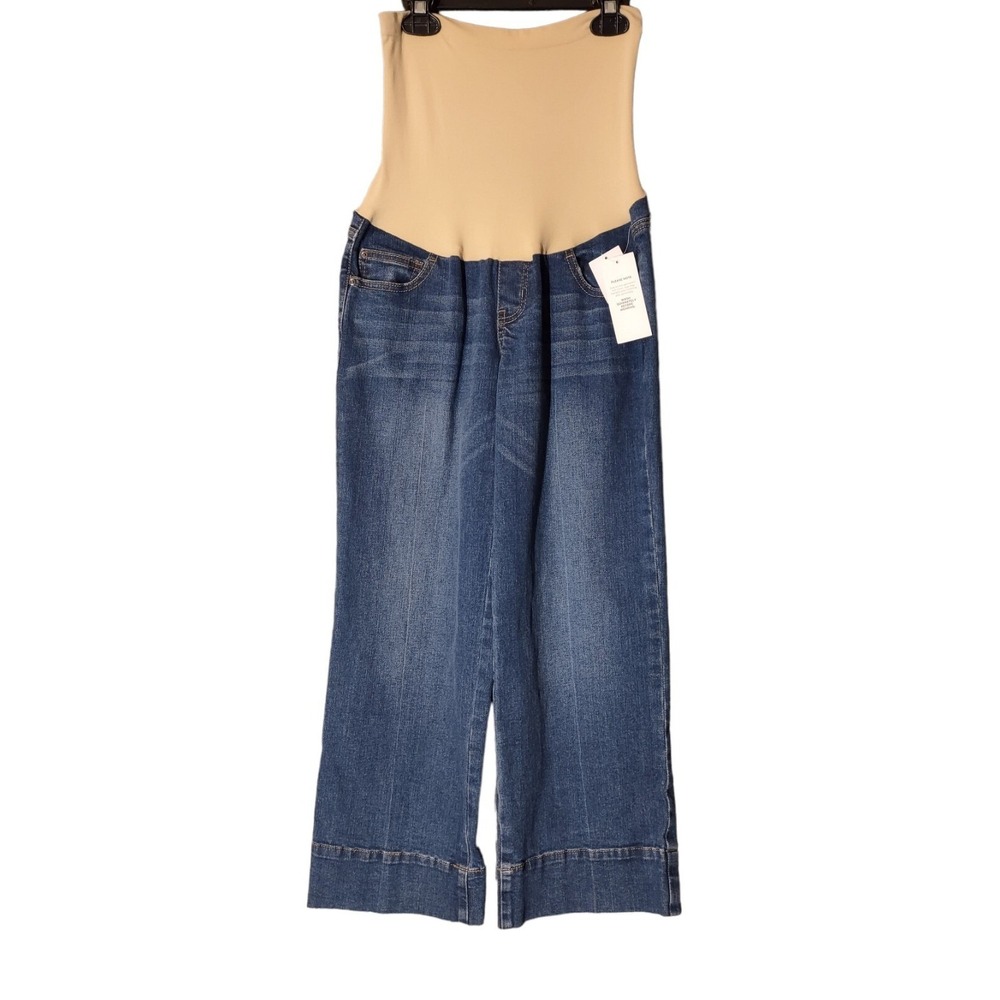 Luxe Essentials Denim Maternity Wide Leg Jeans Blue Stretch Belly Size 28 Womens